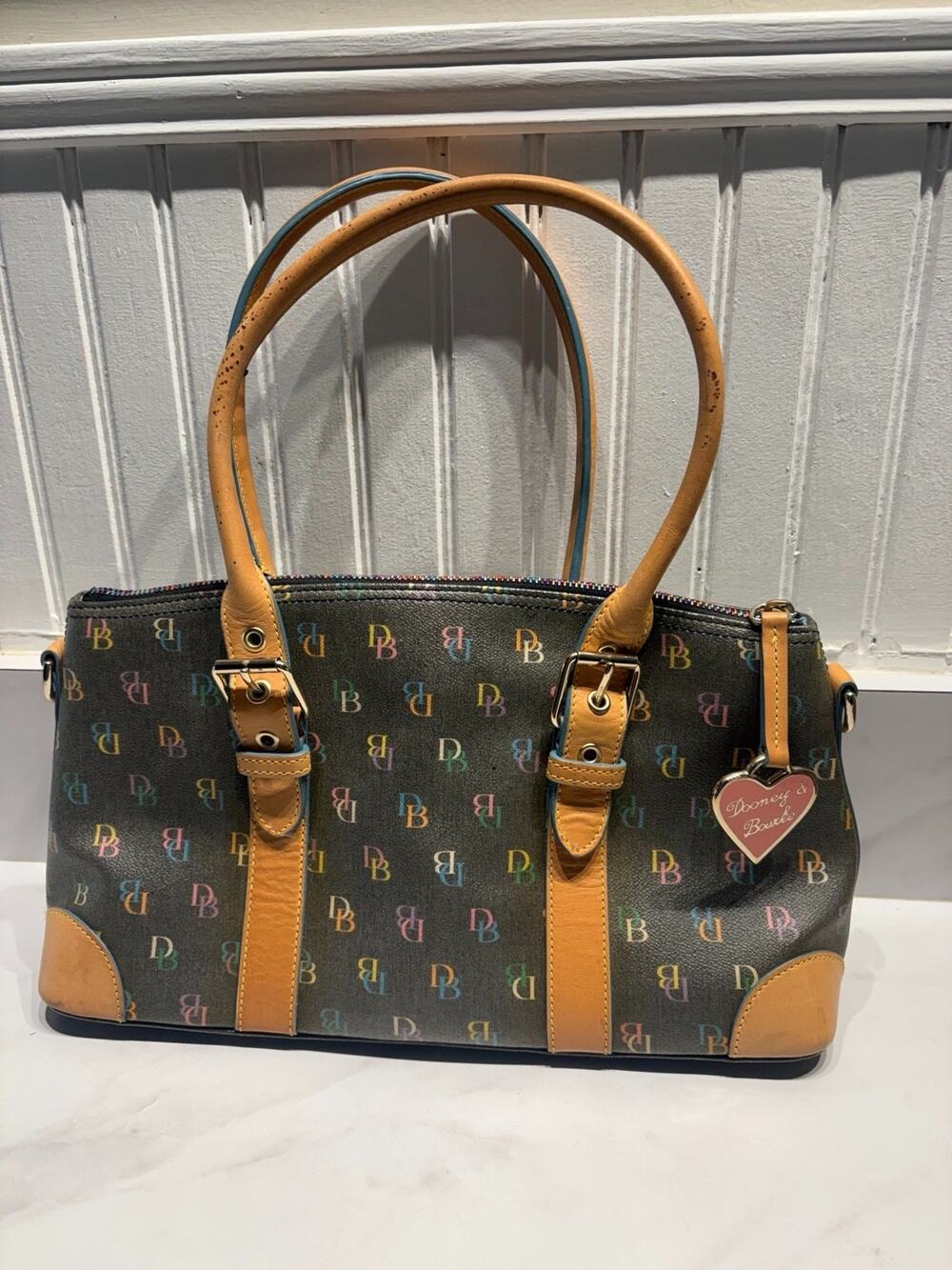 Dooney & Bourke Y2K Multicolor Monogram Satchel Shoulder Bag Heart Charm Brown V